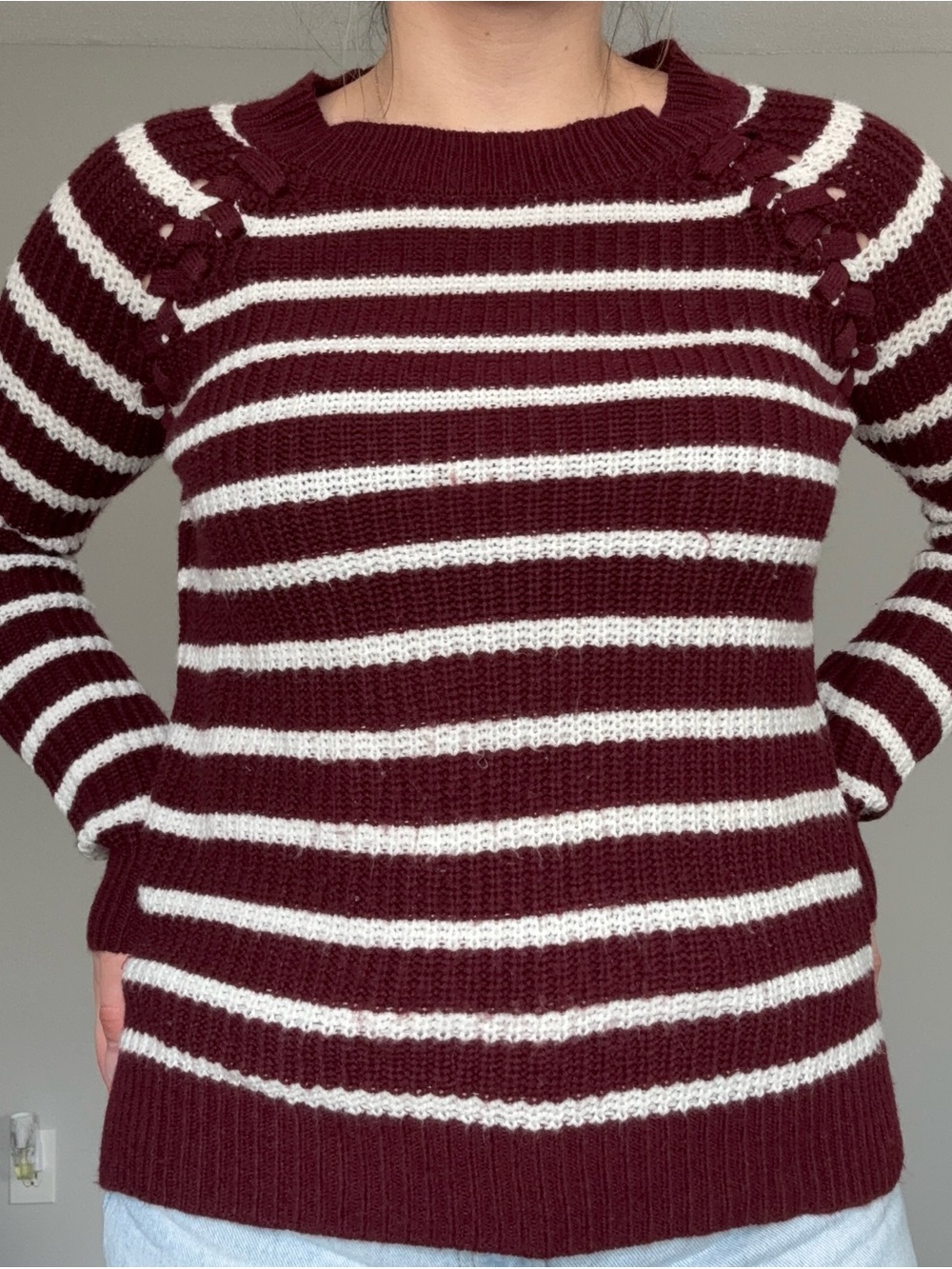 SO Perfectly Soft Burgundy Striped Lace-Up Sweater